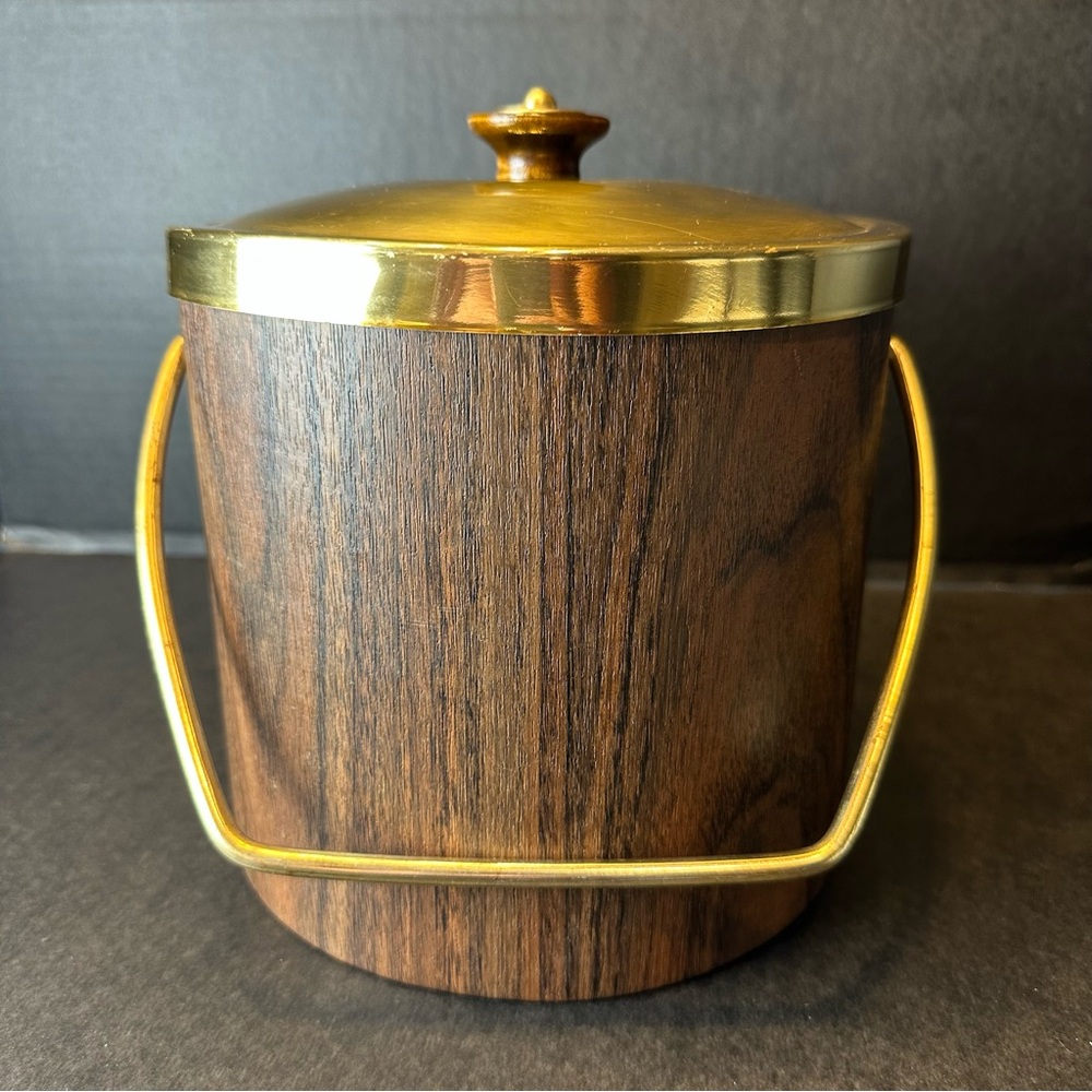 Vintage MCM Ice Bucket Faux Wood Grain Vinyl Brass Handle Lid Barware 1960s 70s